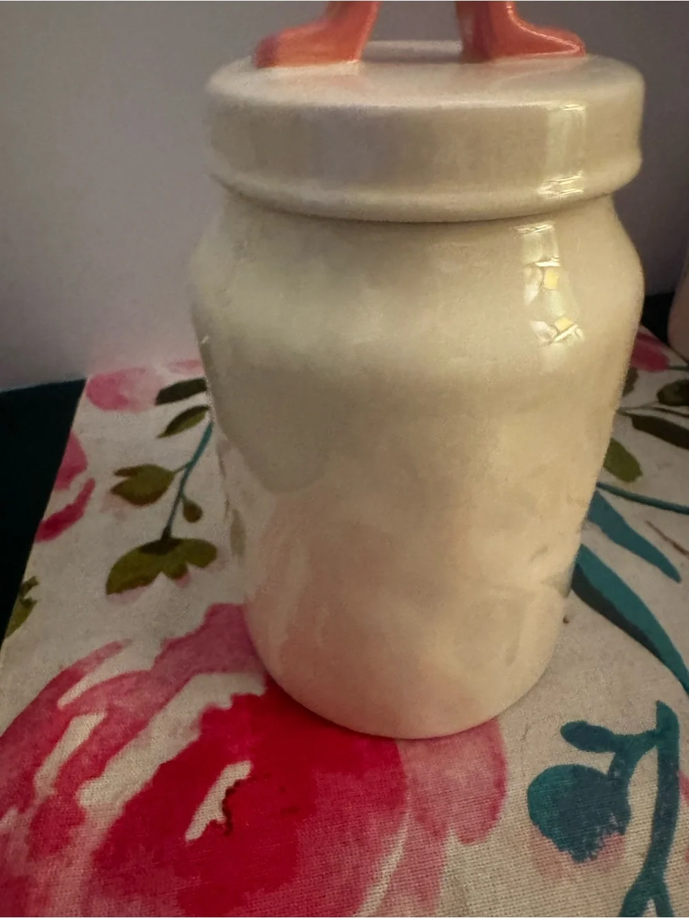 Rae Dunn “Happy Spring” Bunny Rabbit Canister Ivory Pink Handle 7.5” Easter EUC